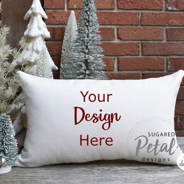 2 Designs | Mockup Lumbar Pillow Case Linen | Digital Download JPG Sublimation | Mockup Christmas Tree Holiday Theme | Lumbar Pillow Mockup