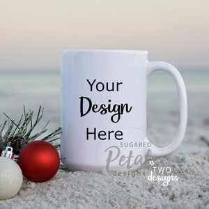 2 Designs | Coffee Cup Mockup | Summer Beach Ocean Christmas | Mock-up Digital Download JPG Sublimation Template | Holiday Coffee Mug Mockup
