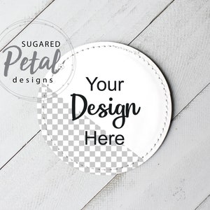 Round Patch Mockup on White Wood | Digital Download JPG & PNG White Sublimation Round Patch | Easy to Use PNG Template for Full Bleed Design