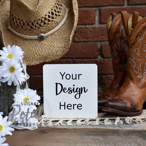 2 Designs | 4 Images Mockup 6x6 Square Sign Board | Cowboy Boot & Hat ...