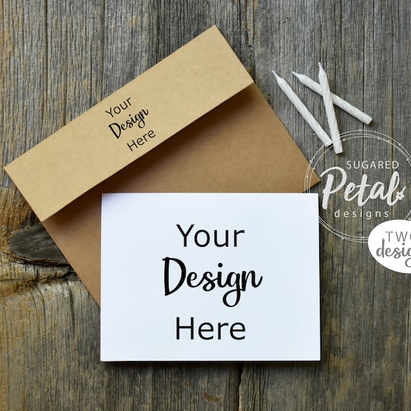 2 Designs Mockup Folded Card Brown Envelope Horizontal Vertical Layout Digital Download JPG & PNG Photo Mock up Add Your Own Birthday Design