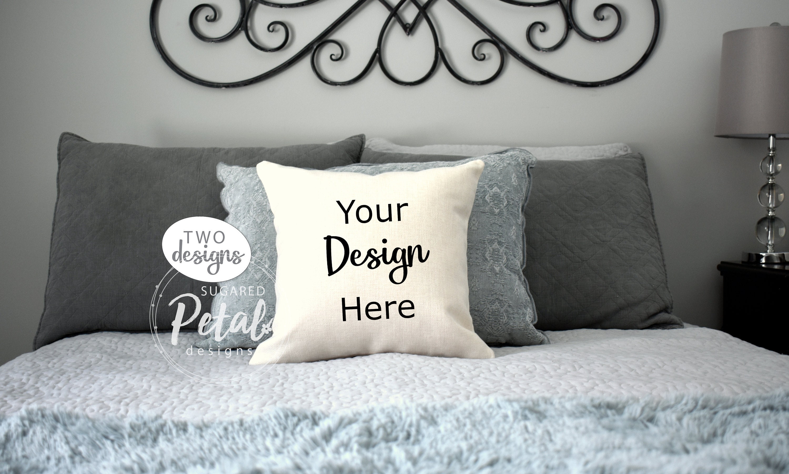 2 Designs Mockup Pillow Case Linen Bedroom Bed Blue Gray