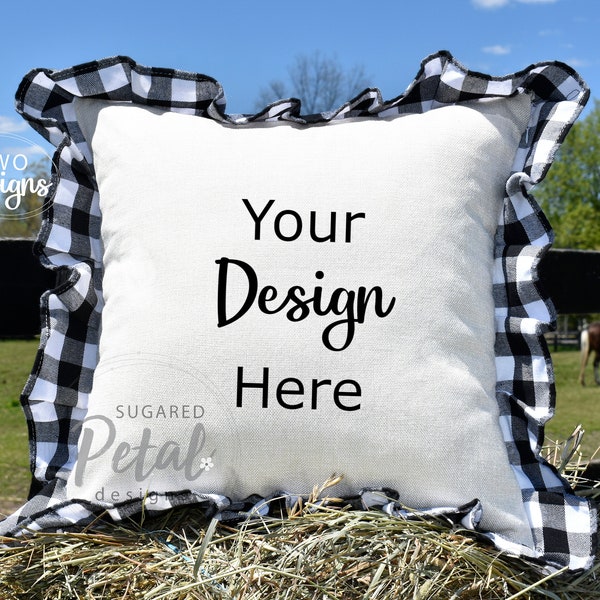 2 Designs | Mockup Pillow Case Black Buffalo Plaid Linen | Digital Download Sublimation Mockup Outdoors Western Country Horse Sunflowers