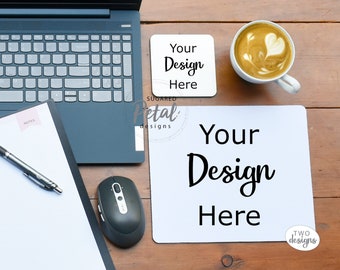 2 Diseños / Conjunto de escritorio Alfombrilla de ratón y maqueta de posavasos cuadrados / Descarga digital JPG y PNG Sublimación Plantilla Alfombrilla de ratón Horiz y almohadilla vertical
