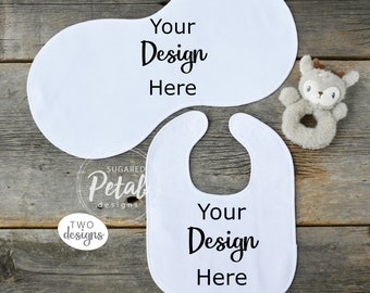 Baby Bib & Burp Cloth Mock-up Boy Girl | Digital Download JPG Template | Infant Newborn Velour Bib Peanut Burp Cloth Barn Wood Mockup