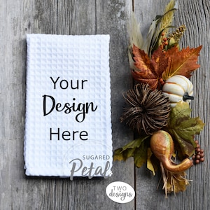 2 DESIGNS | Waffle Weave Kitchen Towel Mockup Folded and Flat Lay | Digital Download JPG | Thanksgiving Fall Themed Mock-up