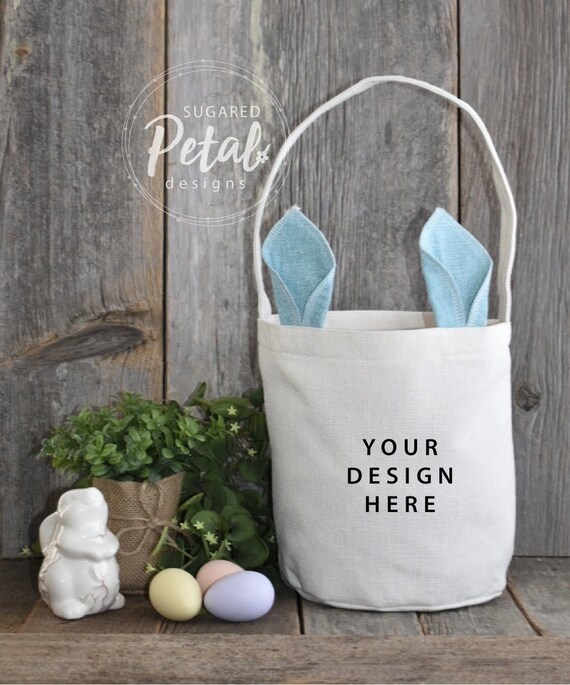 Two Designs | Easter Basket Bucket Tote with Blue Bunny Ears Eggs Barnwood Mock-up / Mockup Digital Download JPG Mockup
