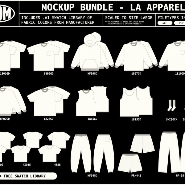 CLOTHING MOCKUP BUNDLE  | la apparel | flat mock-up template | vector files | free fabric color swatches