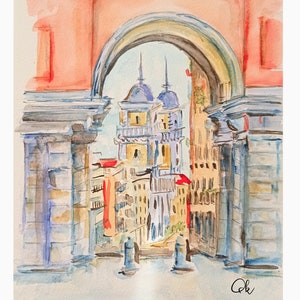 Madrid Print - Plaza Mayor de Madrid - Watercolor painting - Digital File Download - Madrid Illustration- Handmade painted and coloured