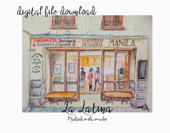 Madrid Print - La Latina - Madrid illustration - Watercolor Urban Landscape - Digital File Download - Handmade drawing and colouring