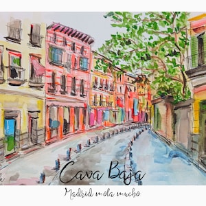 Madrid Print - Cava Baja - Aquarel schilderij - Digital File Download - Madrid Illustratie- Handgemaakt geschilderd en gekleurd