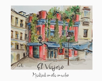 Madrid Print - El Viajero La Latina - Watercolor painting - Digital File Download - Madrid Illustration- Handmade painted and coloured