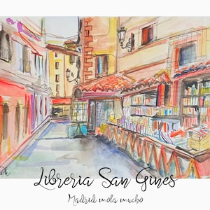 Madrid Print - Librería San Ginés - Watercolor painting - Digital File Download - Madrid Illustration- Handmade painted and coloured