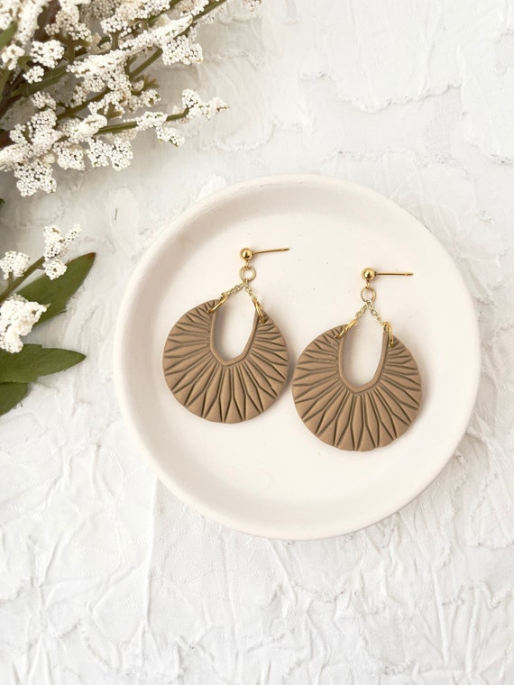 Tan Earrings Dangle Fan Shape Earrings Clay Statement Jewelry Everyday Neutral Earrings for Friend Boho Birthday Gift for Sister Etsy