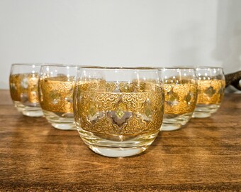 Set of 5 1960s Mid-Century Culver Valencia Roly Poly Cocktail Bar Glasses 22k Gold