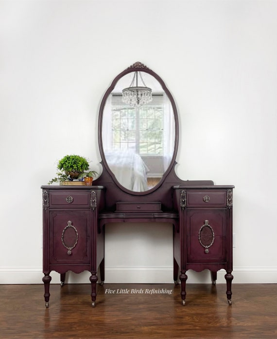 vintage ladies dressing table set Custom Order Option. Antique Vanity With Mirror. Table. Woman's Makeup Station. Purple Vanity retro vintage dressing table