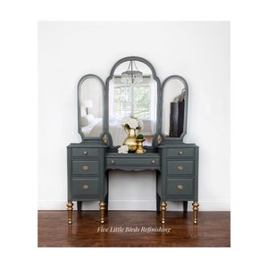 Custom order option. Antique Vanity with Tri-Fold Mirror. Vintage Dressing Table. Woman’s Makeup Station. Green Vanity Table.