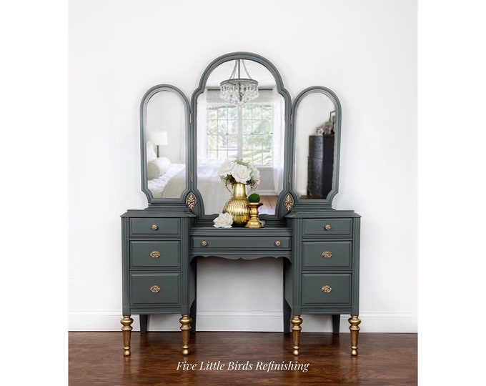 Antique Vanity With Trifold Mirror. Vintage Dressing Table. Womans