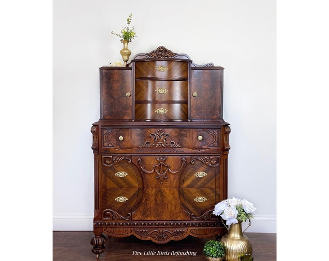 1930s Antique Tall Boy. Jacobean Dresser. 1935 Depression Era Tall Boy