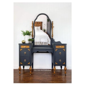 Custom order option. Antique Vanity with Mirror. Vintage Makeup Vanity. Painted Dressing Table. Refinished Writing Desk. Bedroom Vanity.