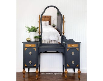 Custom order option. Antique Vanity with Mirror. Vintage Makeup Vanity. Painted Dressing Table. Refinished Writing Desk. Bedroom Vanity.