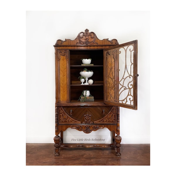 Antique China Cabinet. Vintage Display Cabinet. Jacobean China Cabinet. Antique Hutch. 1920s China Cabinet.