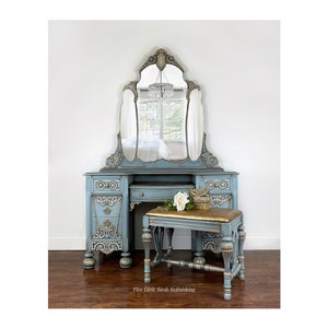 Custom order option. Antique Cinderella Vanity With Mirror. Vintage Dressing Table and Stool. Woman’s Makeup Station. Jacobean Vanity.