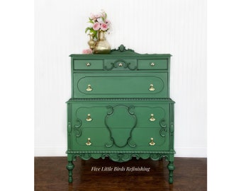 Custom order option. Antique Dresser. Painted Tall Chest of Drawers. Green Vintage Dresser. Ornate Tall Dresser. Jacobean Dresser.