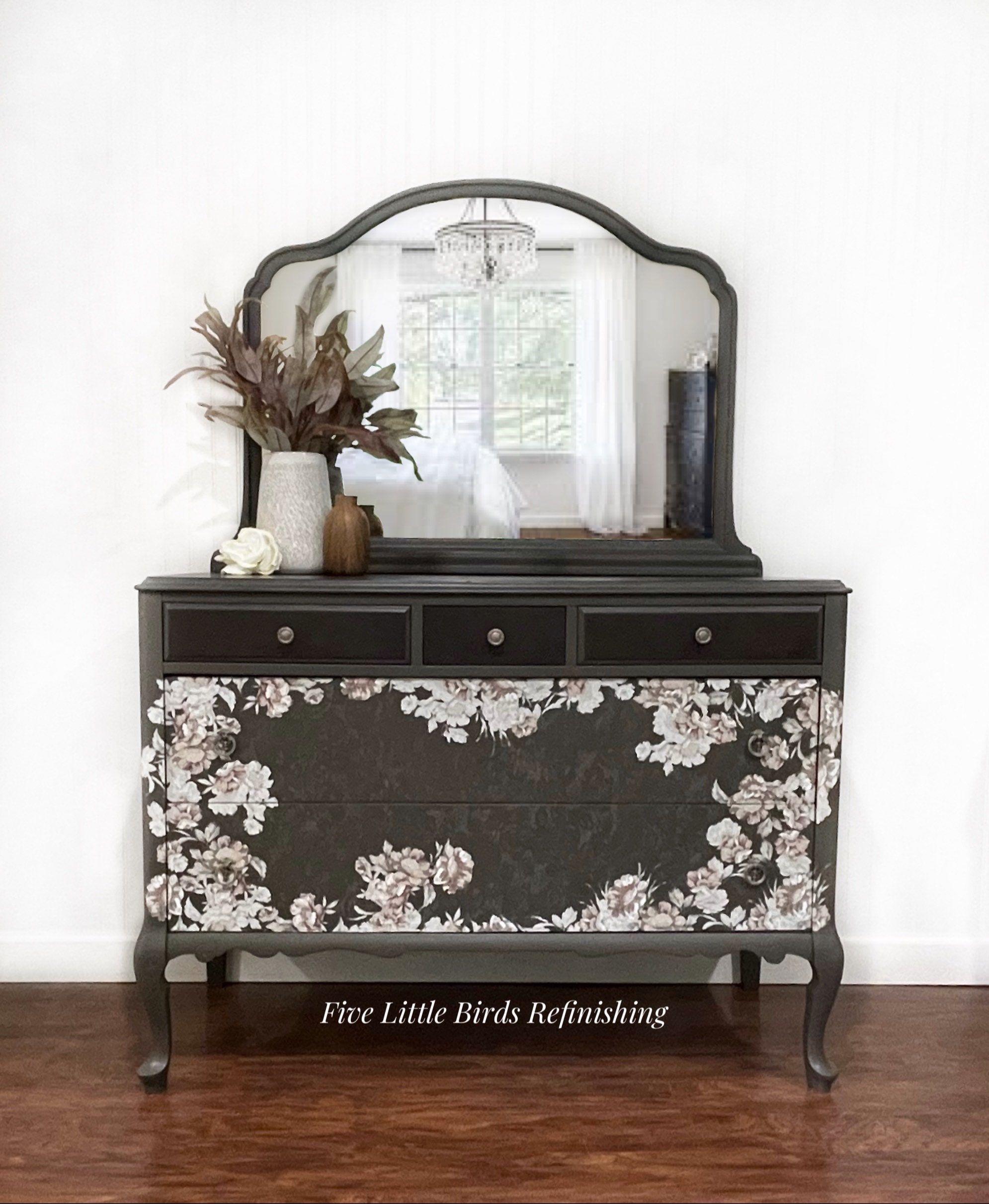 Antique Dresser With Mirror. Vintage Chest of Drawers. Gray French