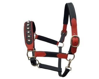 BlazingPaws Darlington Luxury Leather Western Horse Show Halter in Red Black and Solid Brass Hardware, Padded, Fancy Crystal Studded Unique