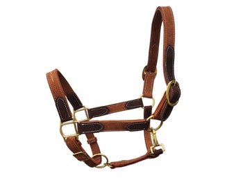 BlazingPaws Vibrania Soft Distressed Leather Horse Halter in Two Tone Tan Brown Easy-on and Off Design with Solid Brass Fittings
