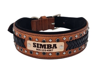 Mariner 2 inch Wide Personalized Leather Dog Collar for Large Dogs, Crystal Stud Braid Soft Padded Dog Collar with Name, Doberman Pit Bull
