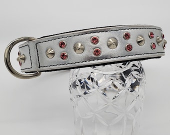 Radiana Luxury Silver Bling Girl Dog Collar in Metallic Silver Leather with Pink Crystal Studs Soft Suede Leather Padded for Large Dogs