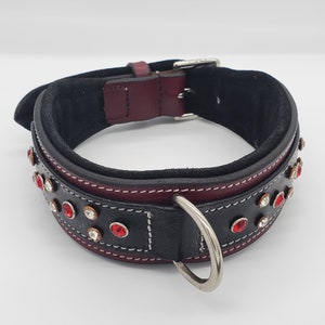 May include: A black leather dog collar with red and clear rhinestones. The collar has a burgundy leather lining and a silver D-ring.
