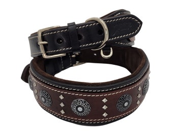 BlazingPaws Armington Luxury 2 inch Wide Western Leather Dog Collar for Large Dogs, Soft Suede Padded Studded Dog Collar w Conchos, XL, XXL