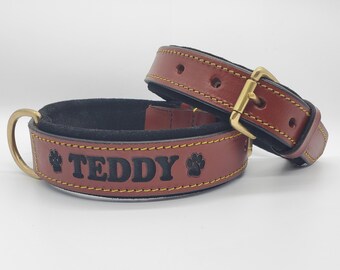 Personalized Dog Collar, Brown Heavy Duty Soft Padded Thick Leather Custom Engraved Dog Collar with Name, for Large Dogs and Small Breeds
