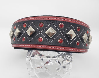 BlazingPaws Darlington 2 inch Wide Luxury Soft Padded Thick Leather Western Dog Collar for Large Dogs, Red Black Stud Crystal Fancy Design