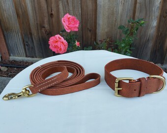 Vibrania Tan Super Soft Thick Distressed Leather Dog Collar, Dog Collar and Leash Set in Tan Color, Brass Buckle & Ring, XL, XXL, XS