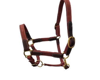 BlazingPaws Vibrania Soft Distressed Leather Horse Halter in Two Tone Cherry Brown Easy-on and Off Design with Solid Brass Fittings