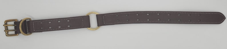 Puede incluir: Un collar de perro de cuero marr&oacute;n con una hebilla y un anillo en D de lat&oacute;n. El collar tiene un borde cosido y varias filas de agujeros para el ajuste.