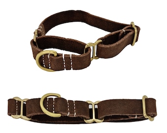 Vibrania Martingale Slip-on Super Soft Thick Distressed Leather Dog Collar w Solid Brass Buckle & Ring for Large, XL, XXL, M Dogs