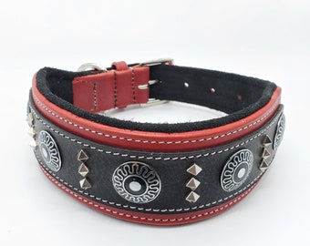 Luxury 2 inch Wide Soft Padded Leather Dog Collar for Large Dogs, Studded Dog Collar with Conchos, Handmade, Red Black Dog Collar, XL, XXL