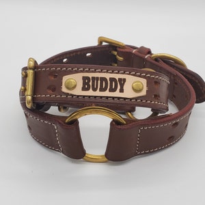 Puede incluir: Collar de perro de cuero marr&oacute;n con una hebilla de lat&oacute;n y una placa de nombre que dice "BUDDY".