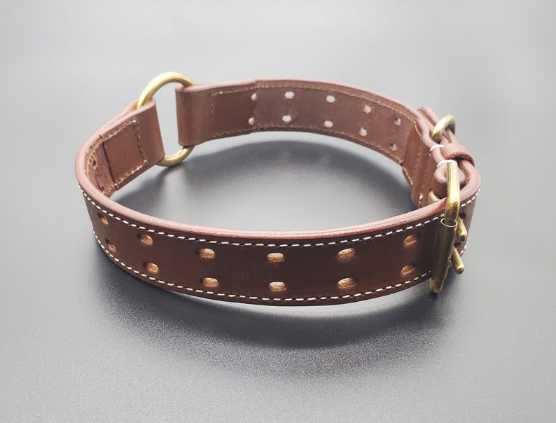Puede incluir: Collar de perro de cuero marr&oacute;n con herrajes de lat&oacute;n y un dise&ntilde;o cosido. El collar tiene un anillo en D y una hebilla.