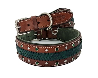 BlazingPaws Mariner 2 inch Wide Thick Western Leather Dog Collar for Large Dogs, Soft Padded Fancy Crystal Dog Collar, Doberman Pit Bull Lab