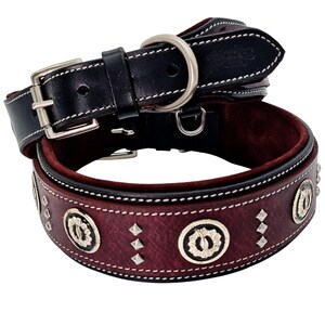 May include: A burgundy leather dog collar with silver accents and decorative studs. The collar has a black leather inner layer and a silver buckle.