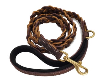 Super Soft 6 ft Distressed Leather Dog Leash Braided in 3 Brown Shades with Suede Leather Padded Handle, Heavy Duty for Large and Small Dogs