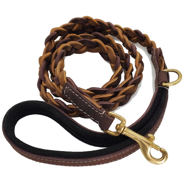 Super Soft 6 ft Distressed Leather Dog Leash Braided in 3 Brown Shades with Suede Leather Padded Handle, Heavy Duty for Large and Small Dogs