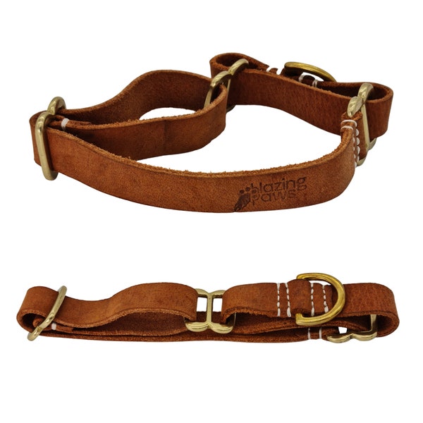 Vibrania Martingale Slip-on Super Soft Thick Distressed Leather Dog Collar w Solid Brass Buckle & Ring for Large, XL, XXL, M Dogs