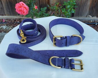 Indigo Blue Vibrania Super Soft Thick Distressed Leather Dog Collar, Summer Dog Collar and Leash Set, Unique Wide Dog Collar, XS to XXL